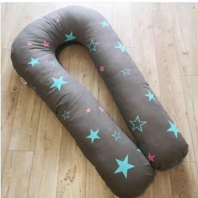 Подушка для вагітних підкова з бавовни Великі зірки на сірому 150/160/170 см