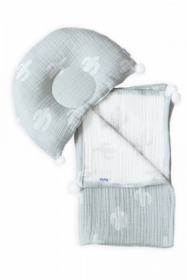 Плед і подушка ортопедична Twins муслін жакард 100х80 Кактуси білий/сірий