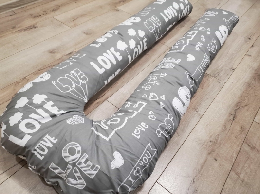 Подушка для вагітних підкова з бавовни Love на сірому 150/160/170 см
