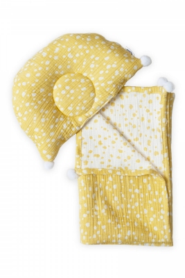 Плед и подушка ортопедическая Twins муслин жаккард 100х80 Горошки белый/желтый