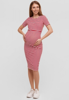 Летнее платье для беременных и кормящих (миди) Barcelona Красный в белую полоску